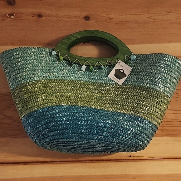Bags Straw Totebag Greens And Blues With Wooden Handles And Snap